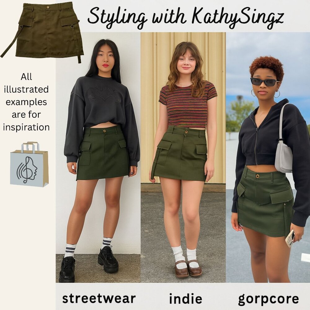 Olive Green Mini Skirt Size XS Cargo Style Pockets Indie Style by Aqua - Picture 2 of 11
